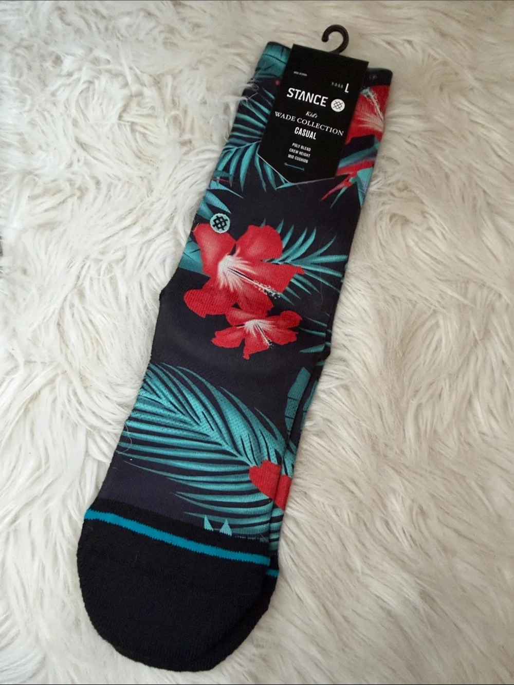 🌺 Stance Kid’s Black Crew Socks w/ Red Floral & Teal Palm Print WADE COLLECTION